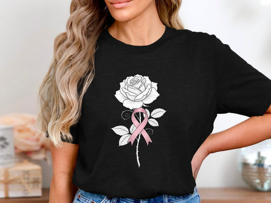Rose with Pink Ribbon Graphic Tee