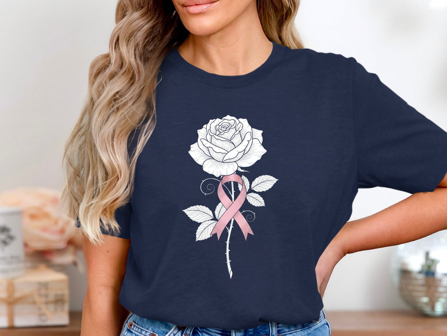 Rose with Pink Ribbon Graphic Tee