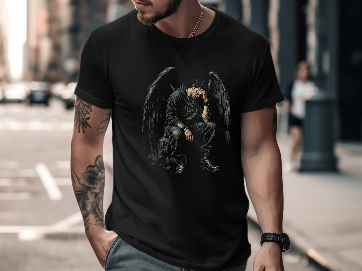 Sad Fallen Angel Black Wings Graphic T-Shirt