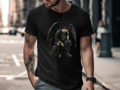 Sad Fallen Angel Black Wings Graphic T-Shirt