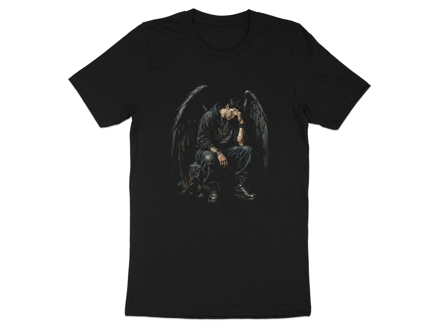 Sad Fallen Angel Black Wings Graphic T-Shirt