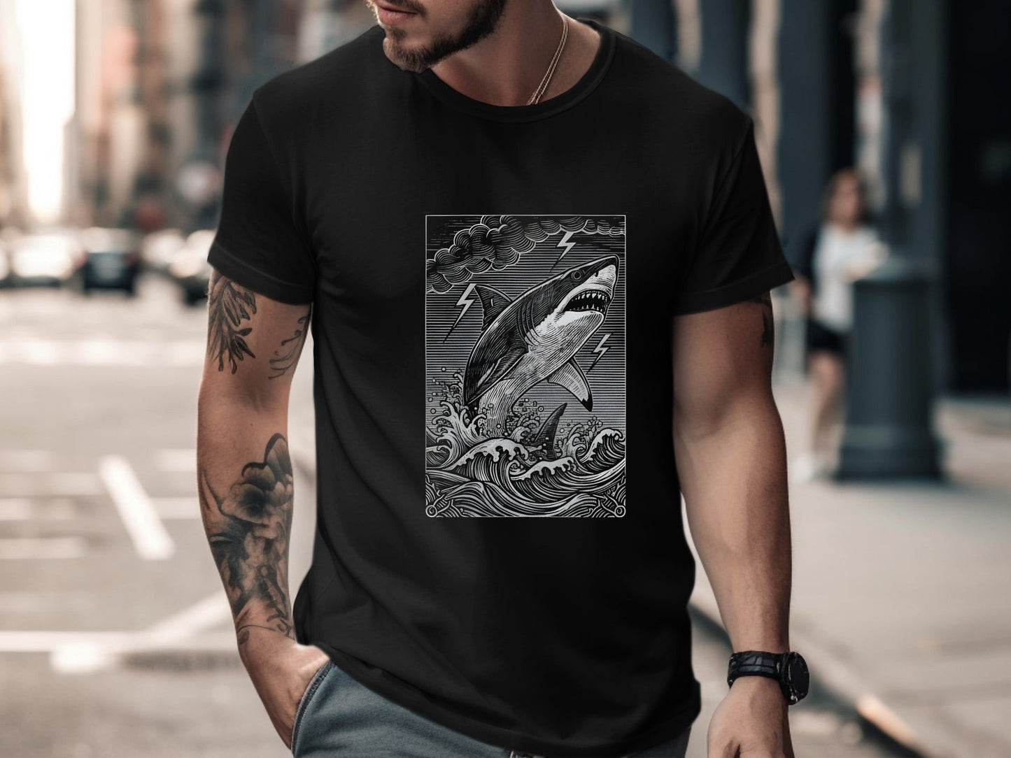 Woodcut Shark Lightning Storm Monochrome T-Shirt