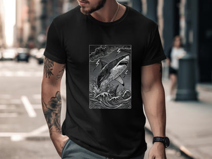 Woodcut Shark Lightning Storm Monochrome T-Shirt
