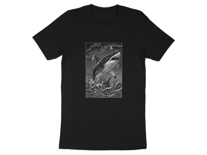 Woodcut Shark Lightning Storm Monochrome T-Shirt