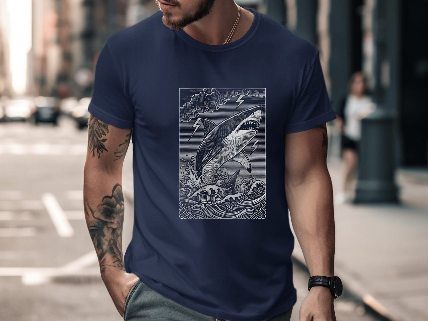 Woodcut Shark Lightning Storm Monochrome T-Shirt