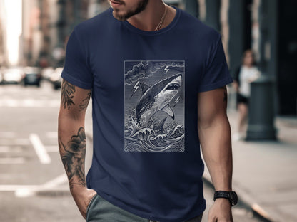 Woodcut Shark Lightning Storm Monochrome T-Shirt