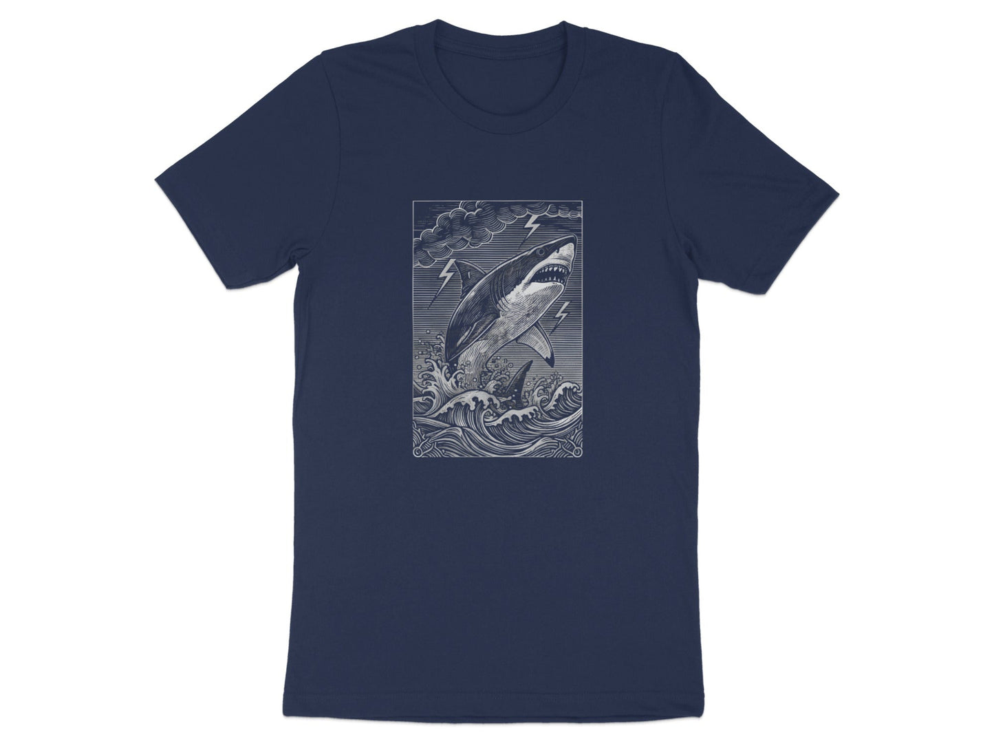 Woodcut Shark Lightning Storm Monochrome T-Shirt