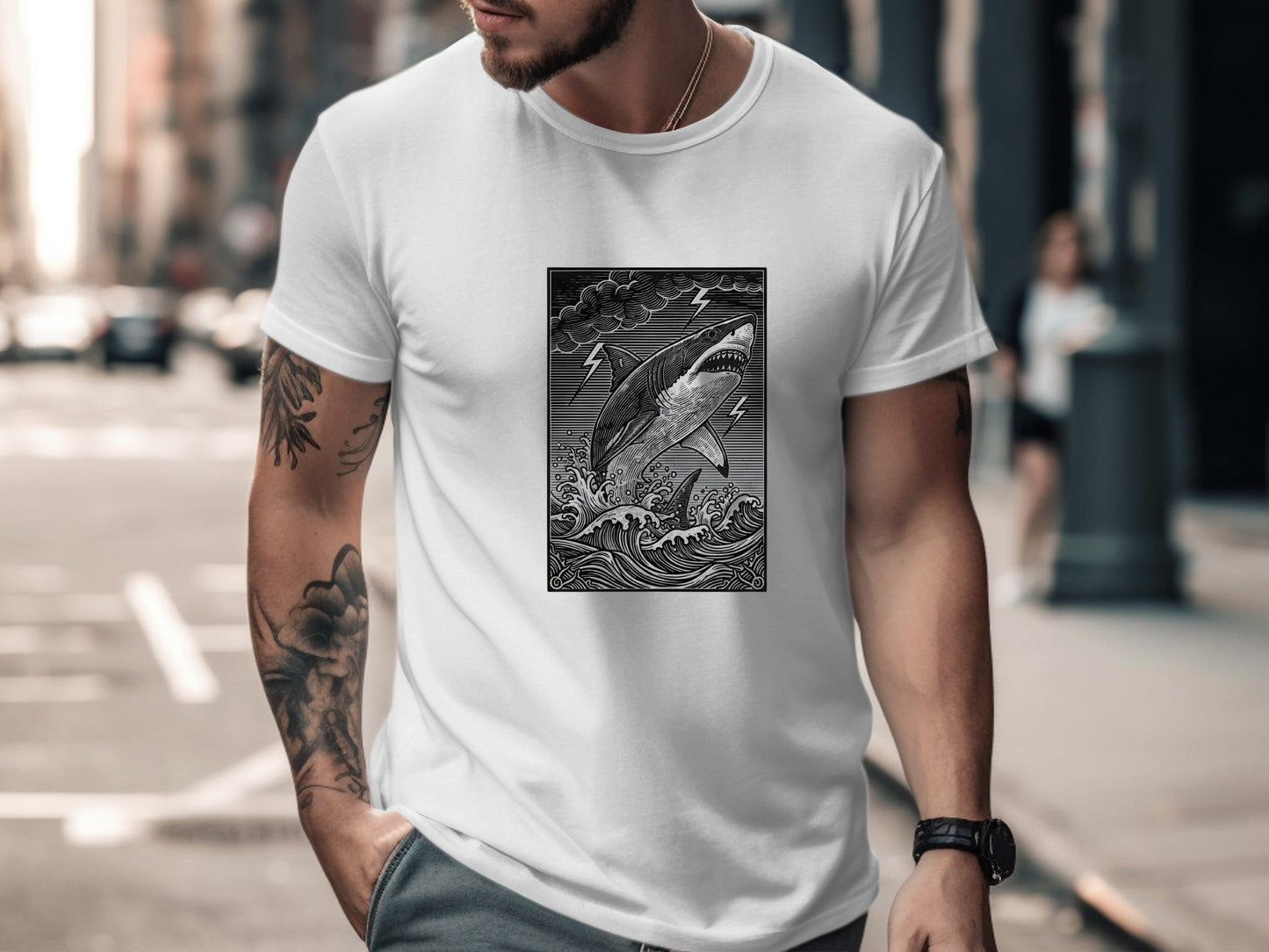Woodcut Shark Lightning Storm Monochrome T-Shirt