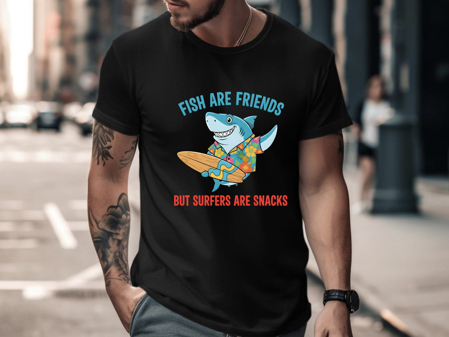 Funny Surf Shark 'Fish Are Friends But Surfers Are Snacks' Tee