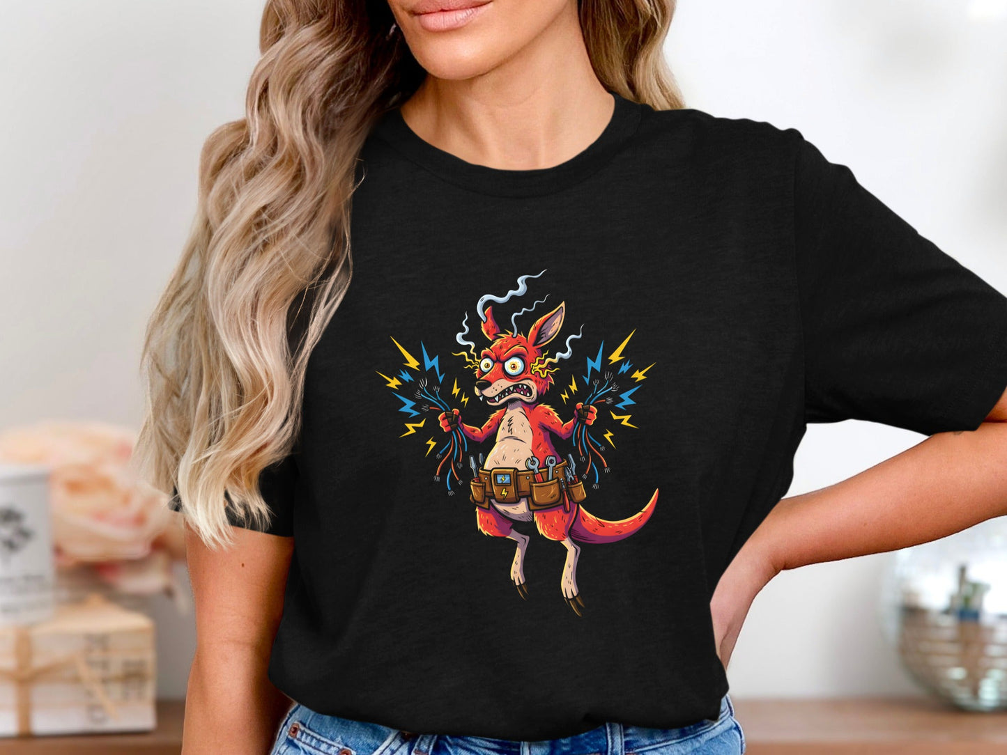 Shocked Kangaroo Sparky T-Shirt - Funny Australian Electrician Tee