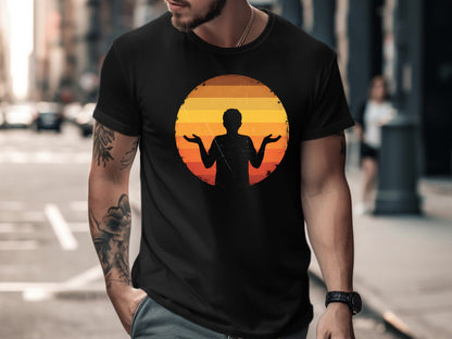 Retro Shrugging Man Sunset Silhouette T-Shirt