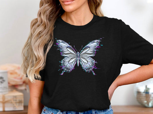 Metallic Butterfly Glitch T-Shirt - Y2K Cyberpunk Aesthetic