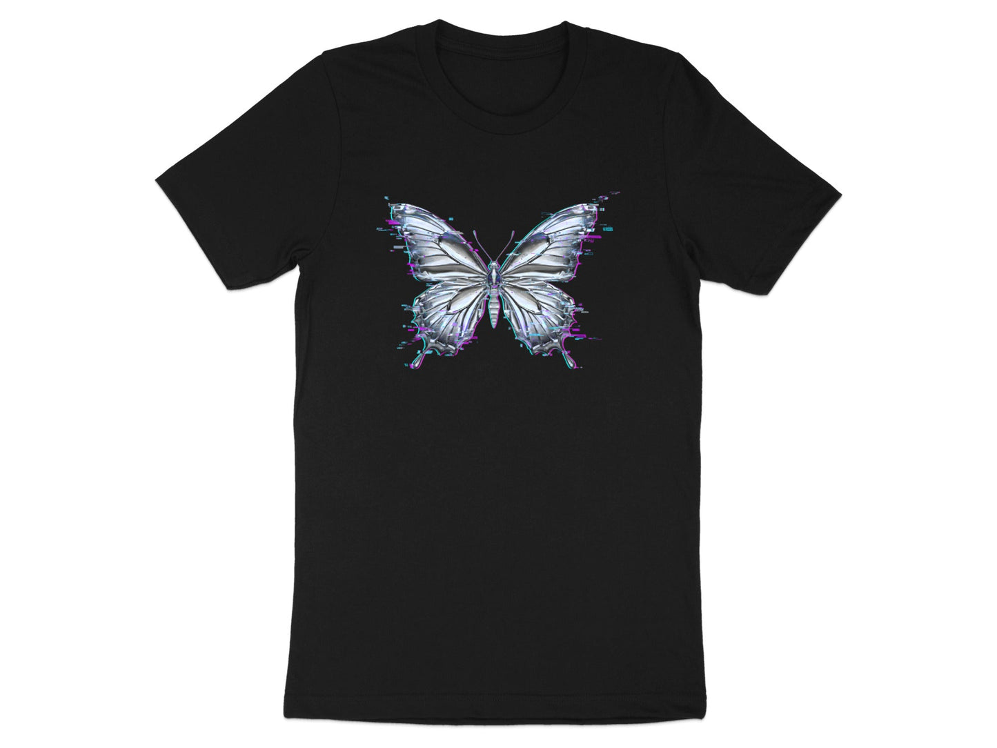 Metallic Butterfly Glitch T-Shirt - Y2K Cyberpunk Aesthetic