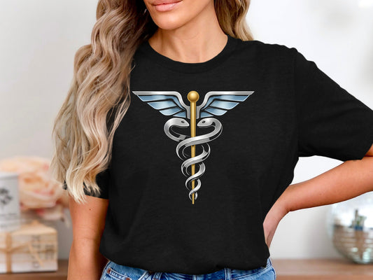 Silver Winged Caduceus T-Shirt - Professional Medical Icon Tee