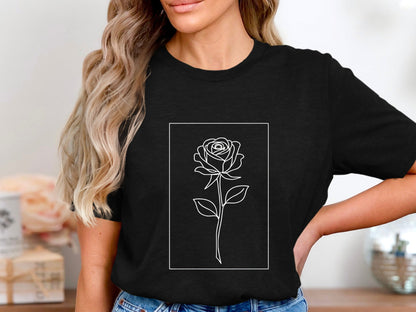 Classic Rose Framed Line Art T-Shirt
