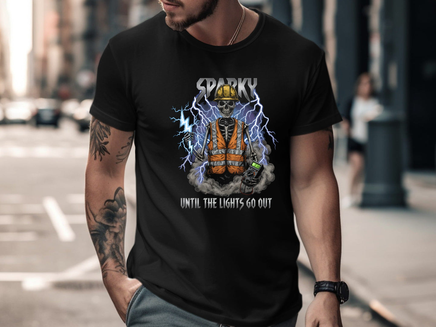 Sparky Skeleton Lightning T-Shirt - Edgy Electrician Graphic Tee