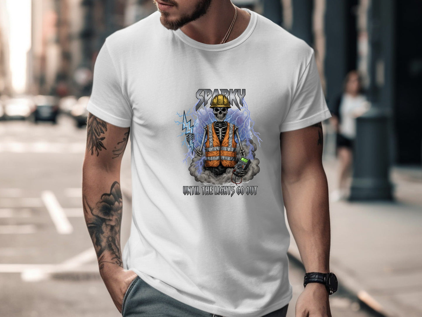 Sparky Skeleton Lightning T-Shirt - Edgy Electrician Graphic Tee