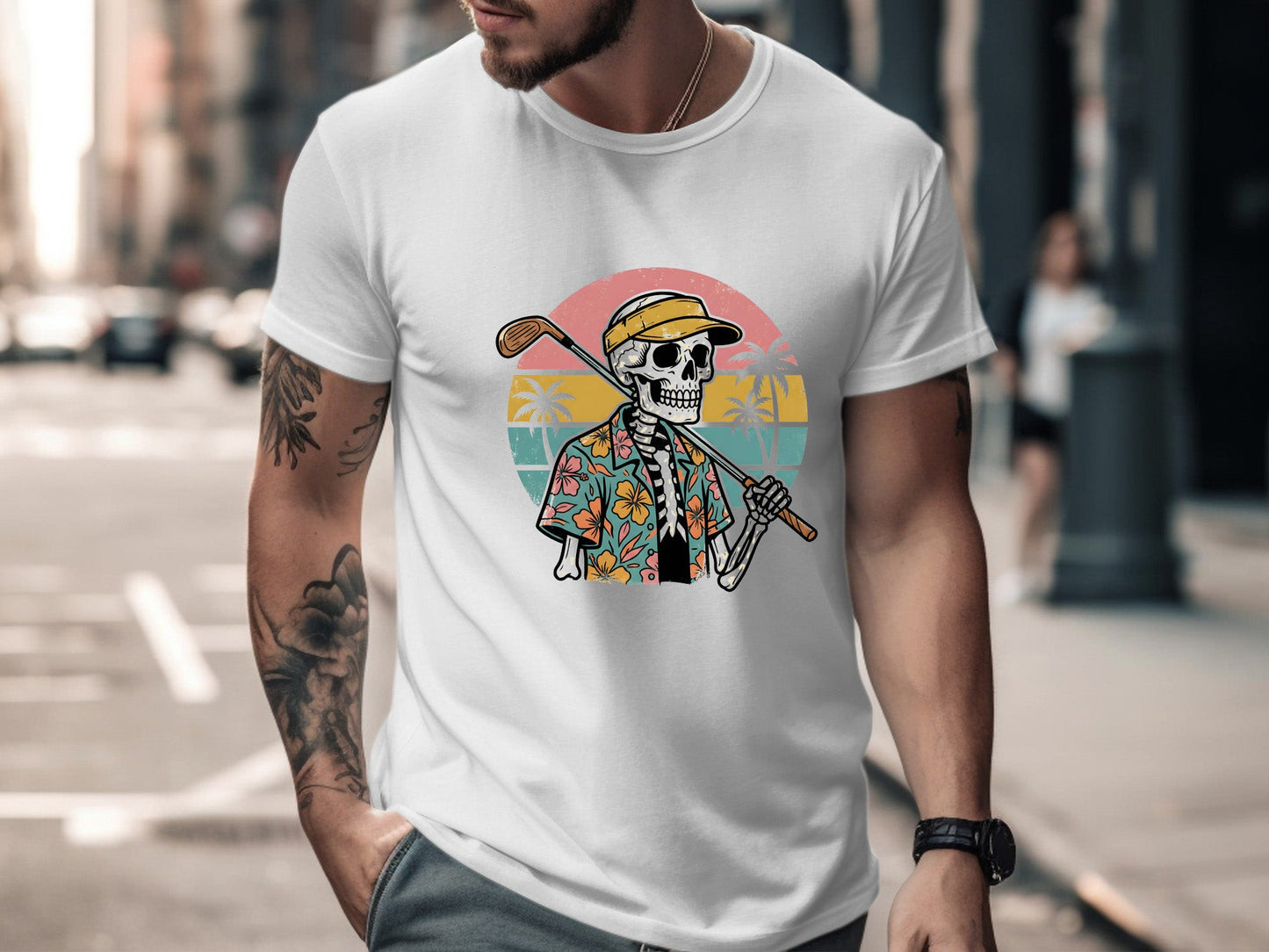 Island Vibes Golfing Skeleton Retro T-Shirt