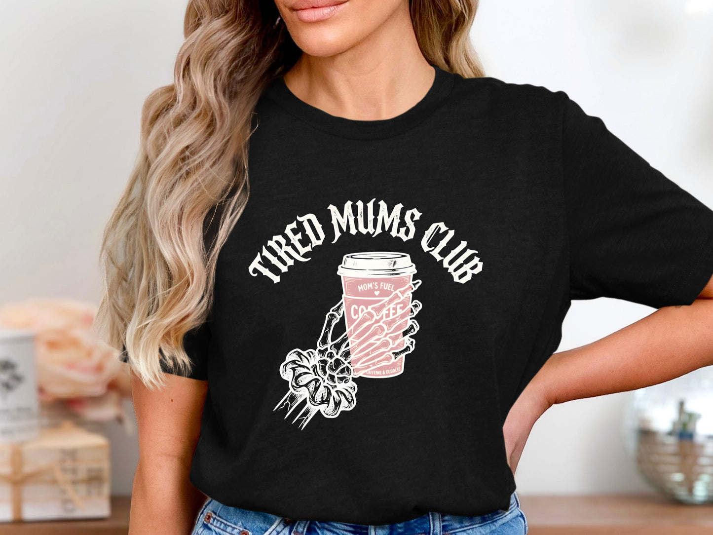 Tired Mums Club Skeleton Hand Coffee Tee - Edgy Grunge Shirt