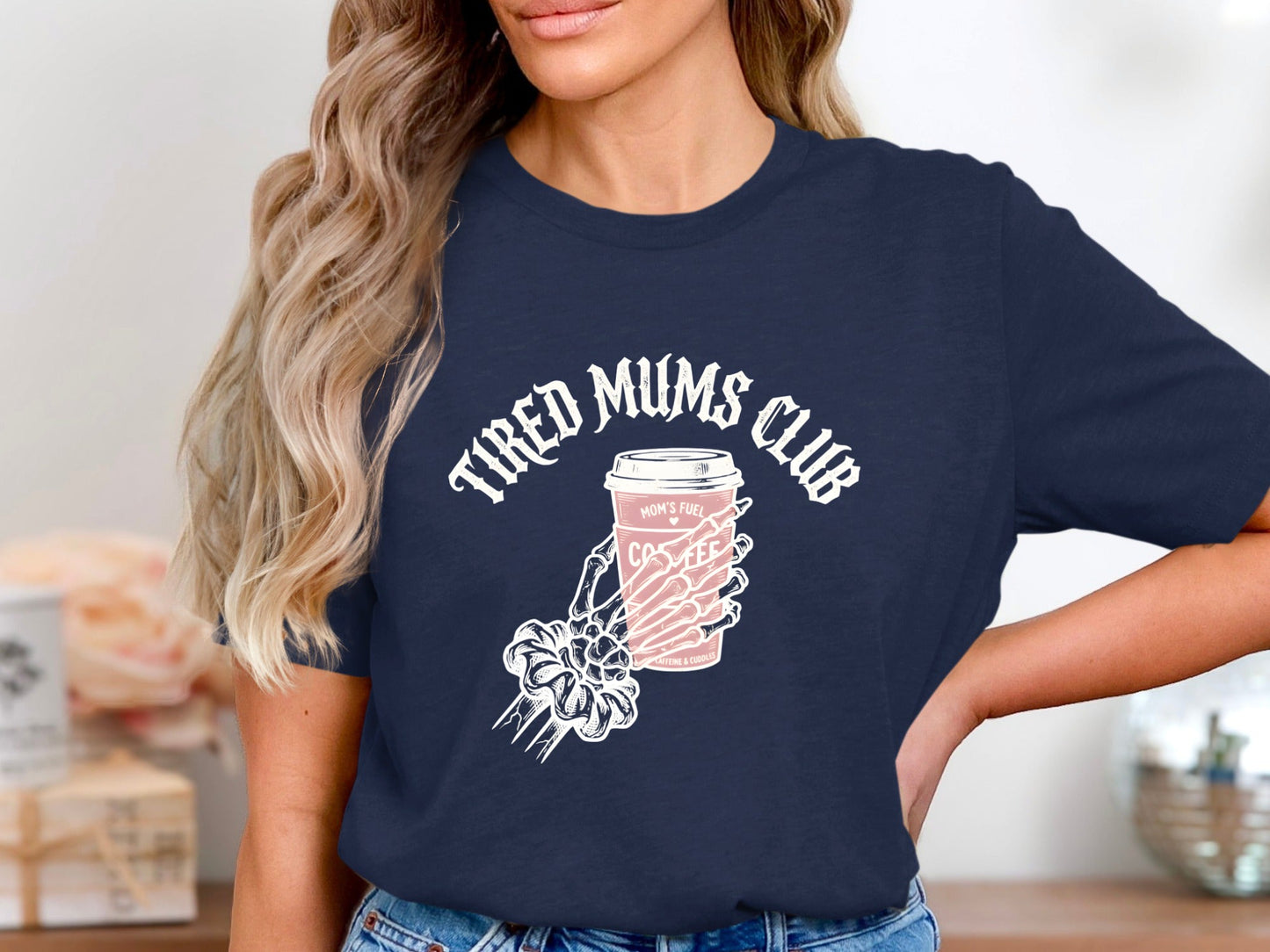 Tired Mums Club Skeleton Hand Coffee Tee - Edgy Grunge Shirt