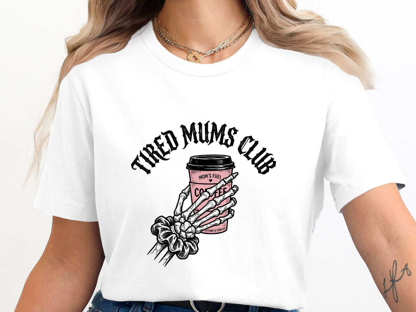 Tired Mums Club Skeleton Hand Coffee Tee - Edgy Grunge Shirt