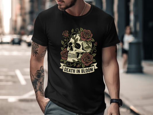 Death In Bloom Skull and Red Roses Graphic T-Shirt