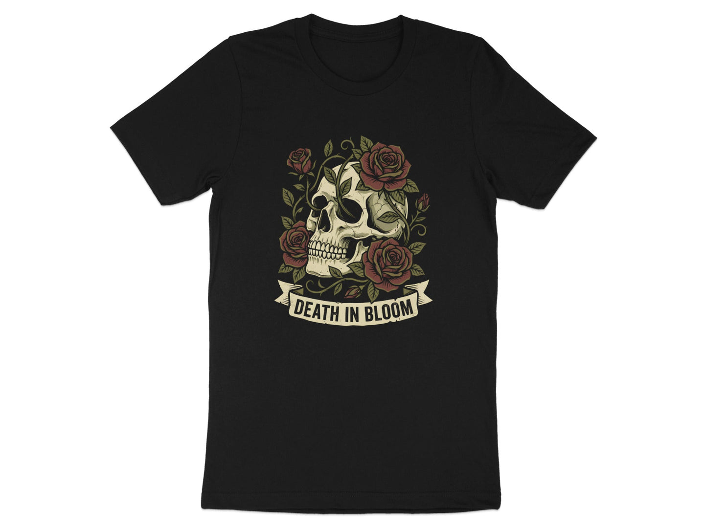 Death In Bloom Skull and Red Roses Graphic T-Shirt