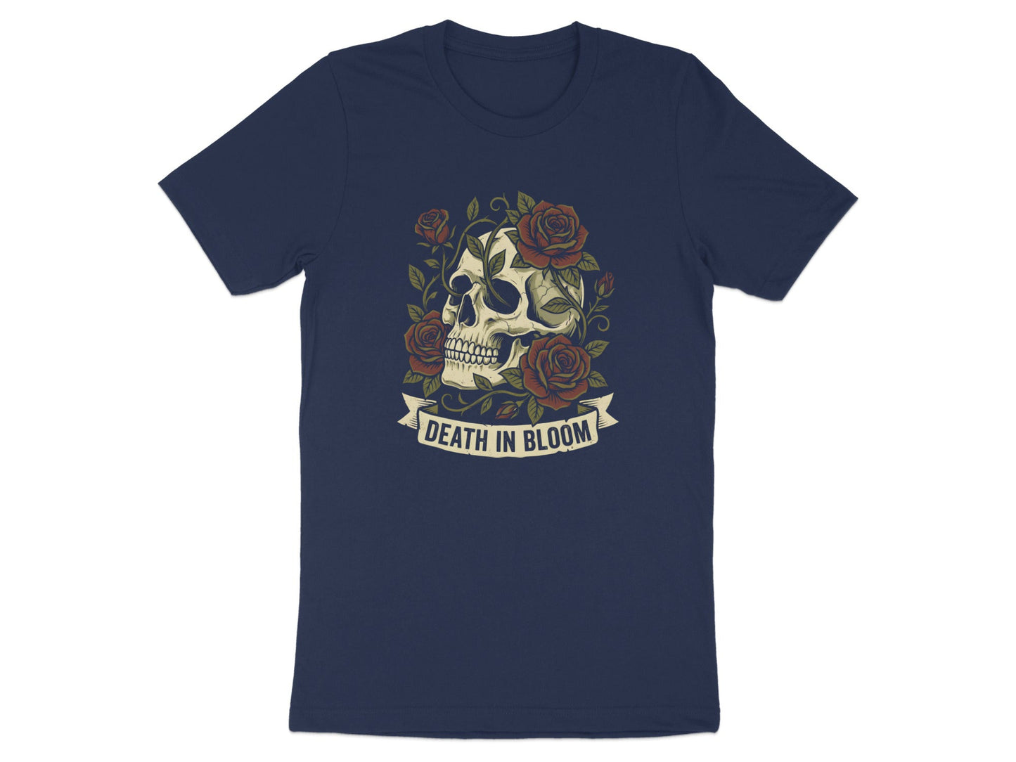 Death In Bloom Skull and Red Roses Graphic T-Shirt