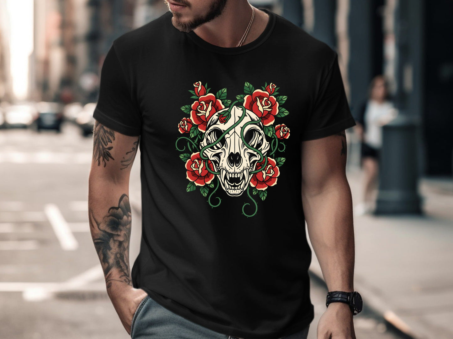 Cat Skull & Crimson Roses T-Shirt
