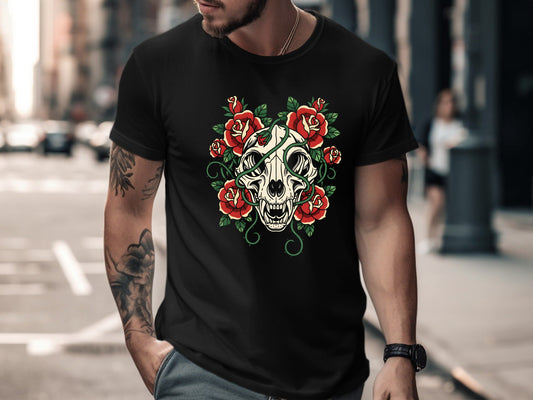 Cat Skull & Crimson Roses T-Shirt