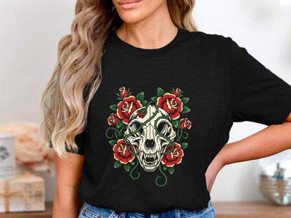 Cat Skull & Crimson Roses T-Shirt