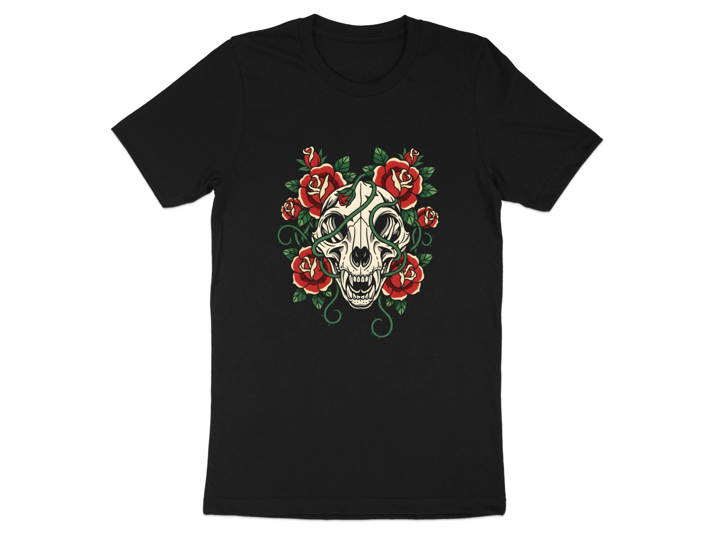 Cat Skull & Crimson Roses T-Shirt