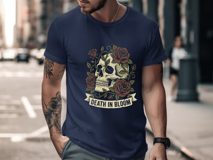 Death In Bloom Skull and Red Roses Graphic T-Shirt