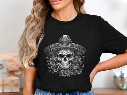 Sugar Skull & Sombrero T-Shirt - Day of the Dead Art