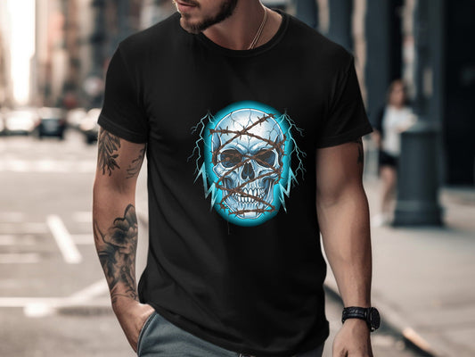 Barbed Wire Skull Lightning Graphic T-Shirt