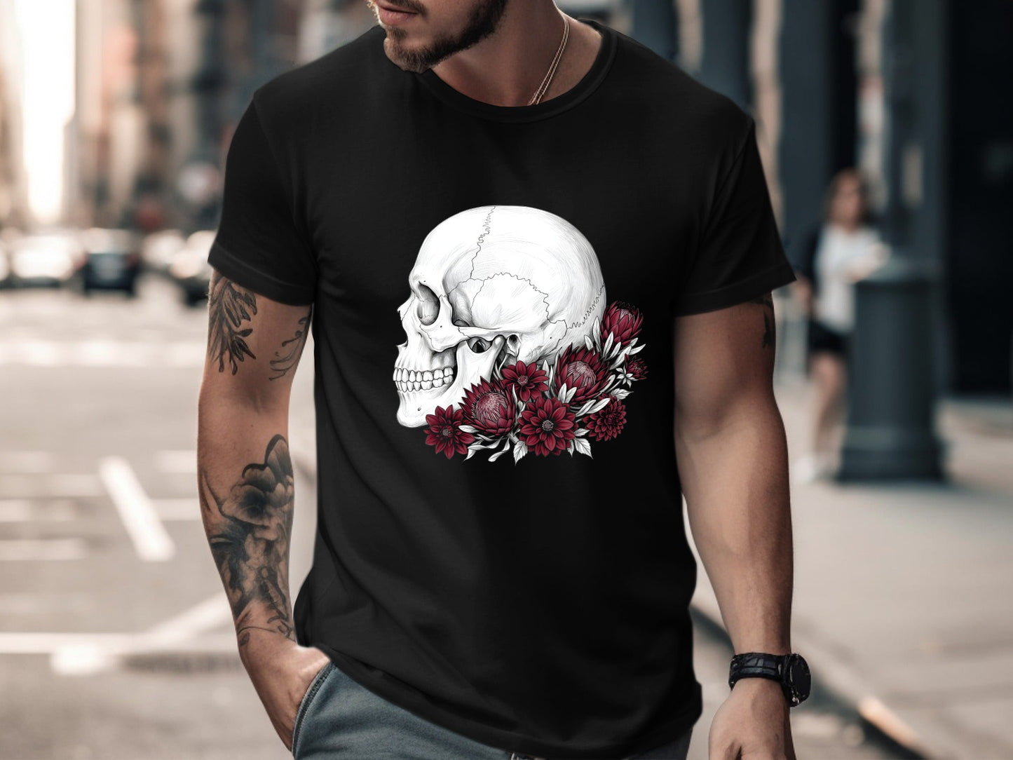 Floral Skull Profile Graphic T-Shirt