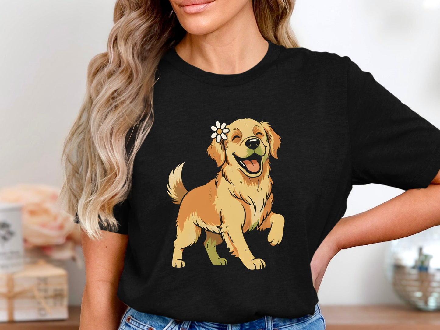 Smiling Golden Retriever Daisy Flower Graphic Tee
