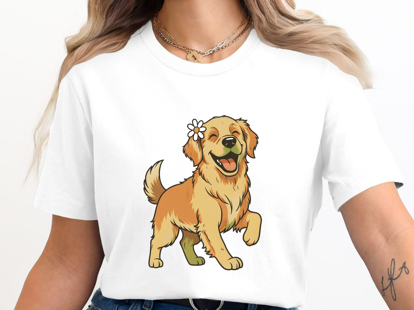 Smiling Golden Retriever Daisy Flower Graphic Tee