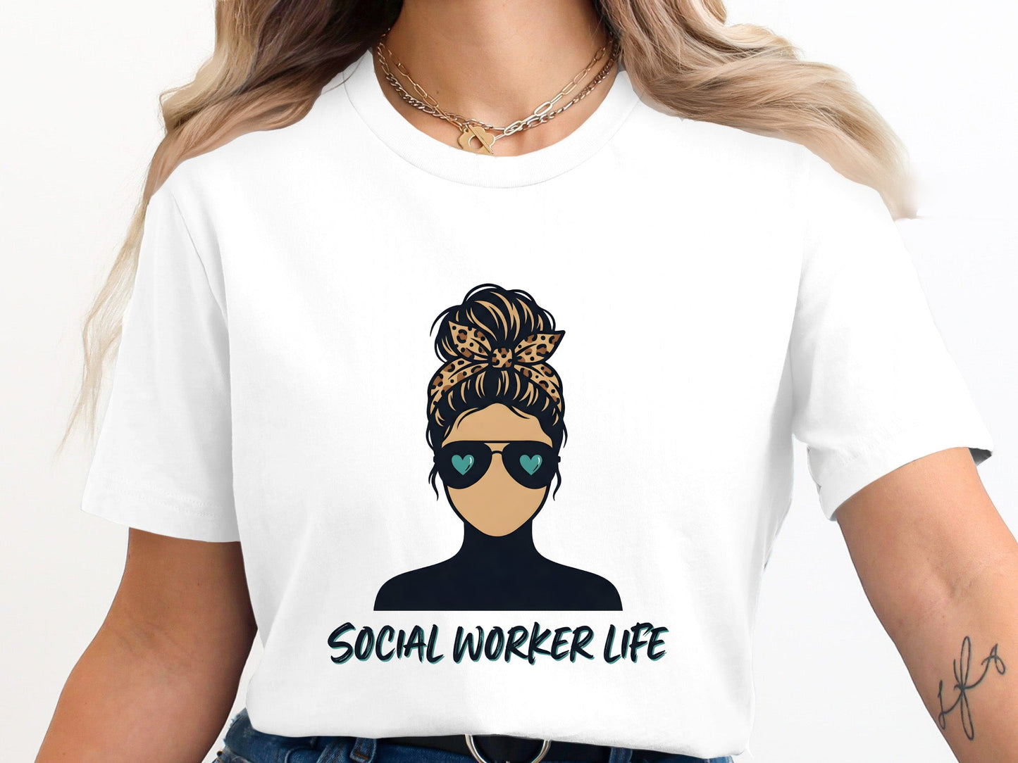 Social Worker Life T-Shirt - Messy Bun & Aviators Design