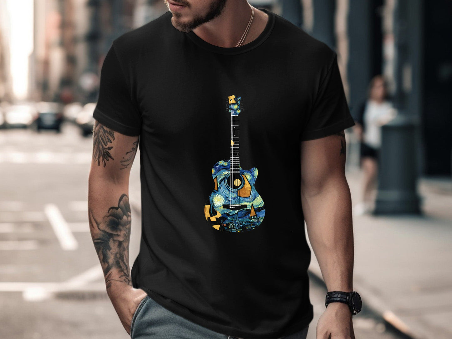 Starry Night Acoustic Guitar Art T-Shirt