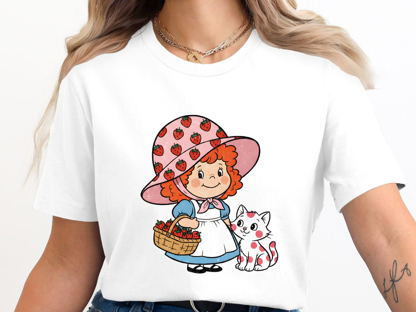 Vintage Strawberry Girl & Cat Graphic T-Shirt