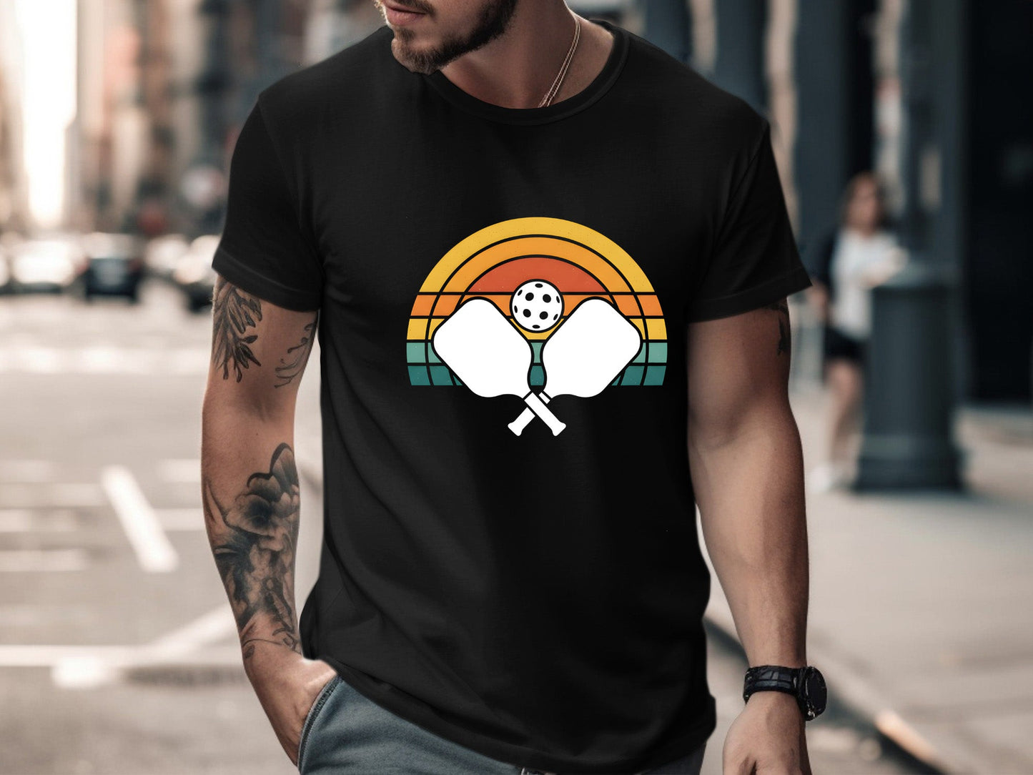 Vintage Retro Sunset Crossed Pickleball Paddles Tee