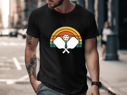 Vintage Retro Sunset Crossed Pickleball Paddles Tee