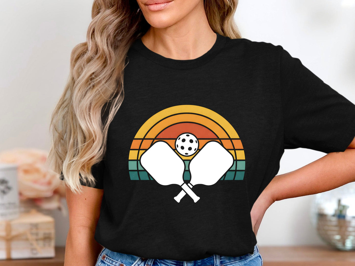 Vintage Retro Sunset Crossed Pickleball Paddles Tee