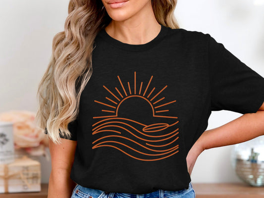 Minimalist Surfboard Sunset Waves Tee
