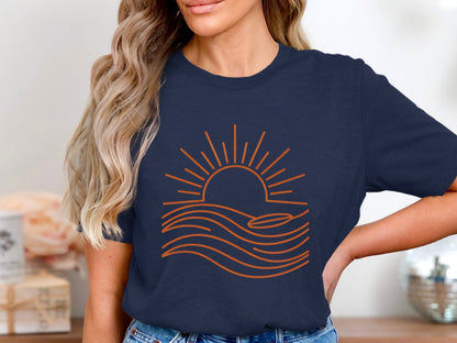 Minimalist Surfboard Sunset Waves Tee