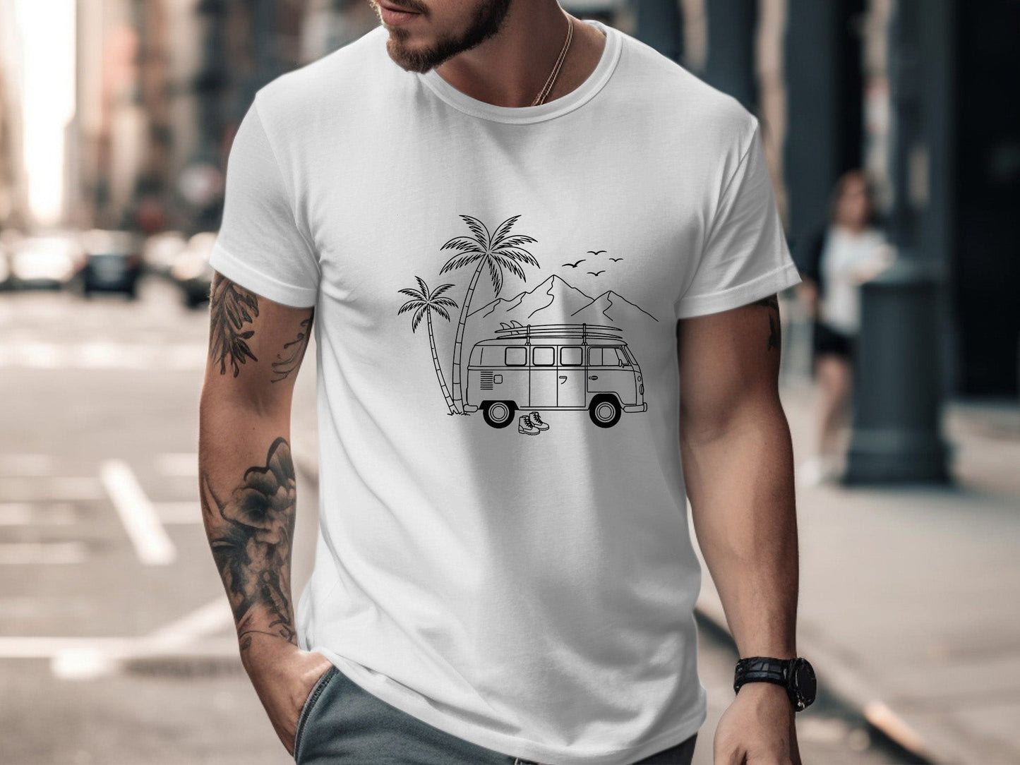 Coastal Vanlife Line Art Minimalist Camping T-Shirt