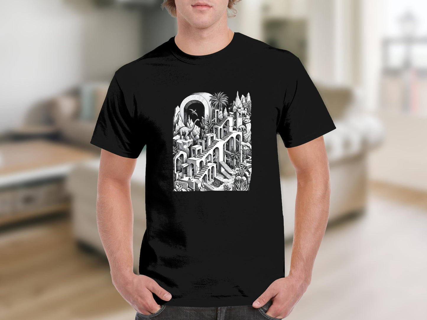 Surreal Dinosaur Stairs T-Shirt - Escher Inspired Fine Art