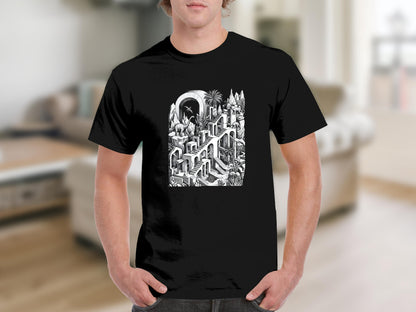 Surreal Dinosaur Stairs T-Shirt - Escher Inspired Fine Art