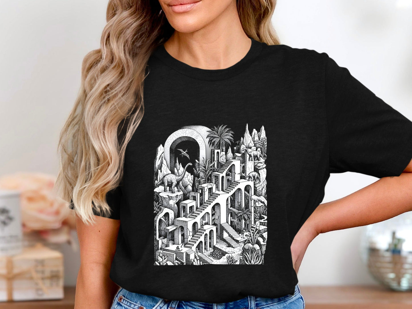 Surreal Dinosaur Stairs T-Shirt - Escher Inspired Fine Art